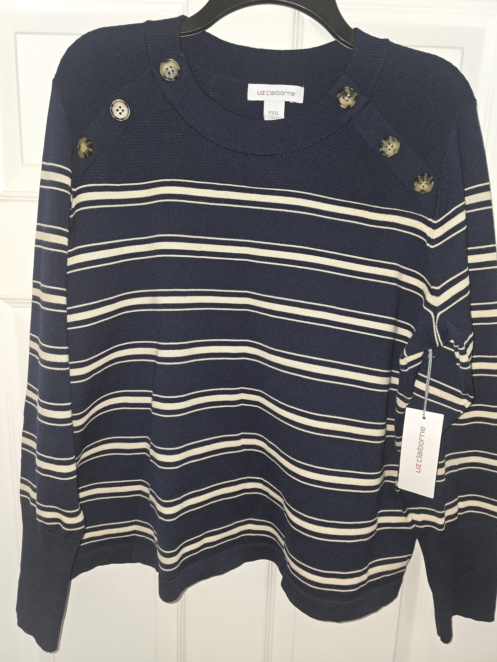 Liz Claiborne Navy and Cream Striped Crewneck Sweater with Shoulder Buttons